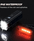 Beefed Up 1200 Lumen Bike Light Set with headlight and taillight showing waterproof IPX4 capability and bright LED display