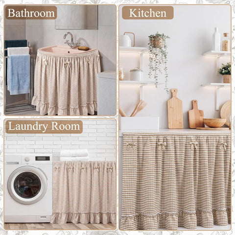 Brown And White Gingham Sink Skirt Featuring Darn Cute Ruffles To Hide Ugly Pipes And Clutter Behind Kitchen Cabinets Or Bathroom Vanity Soft Cotton Ruffled Cabinet Curtain Creates Sweet Country Vibes And Keeps Paws Off Messy Stuff 56 Inches Long in bathroom, kitchen, and laundry room settings.