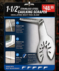 Packaging of 1-1/2 inch stainless steel caulking scraper showing serrated edge for oscillating tools, priced at $48.99.
