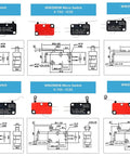 Diagram and images of SPDT Micro Limit Switch Snap Action 3 Pin For Electronics And Automation Gear 15A 250V DC V15 Series, 12 piece set.