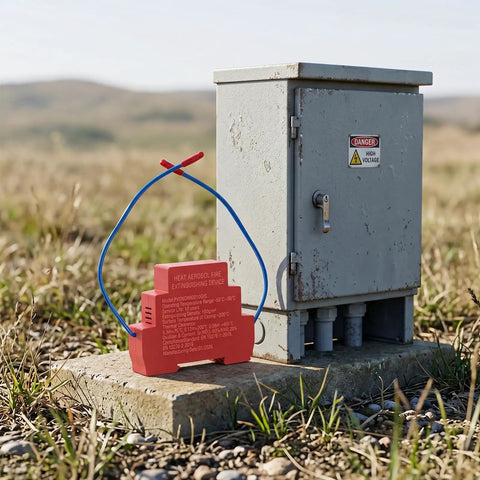 Automatic Fire Extinguisher 18G Aerosol Spray Kit Self Triggering Thermal Sensor Tech placed near a generator in outdoor setting.