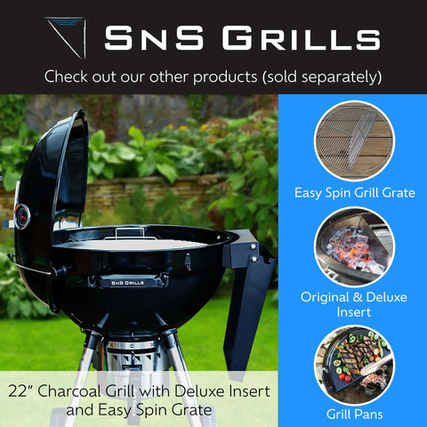 22" charcoal grill with inserts, showcasing elevated cooking grate that frees up grill space for tailgating and backyard BBQs.