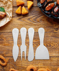 Cheese Knife And Butter Fork Set, Stainless Steel 5 Piece, Ultra Compact And Easy To Clean, arranged on wooden table