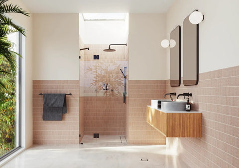 Frameless Shower Door Hinge With Enduroshield Glass Coating 78 Inch By 41.5 Inch Polished Brass Bathroom Glass Enclosure Hardware Durable Low Maintenance Slick Modern Style frameless shower door hinge on clear glass panel