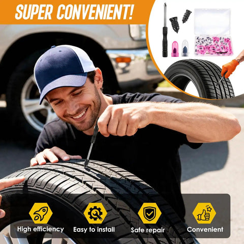 Man using 61 Piece DIY Tire Repair Kit With Screw Type Rubber Plugs And Screwdriver For Tubeless Punctures on car tire