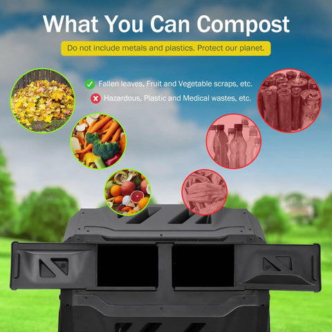 Dual Chamber Rotating Compost Tumbler Bin for Outdoors, 43 Gallon Backyard Garden Kitchen Waste, open chambers visible