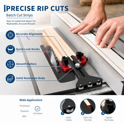 Kickback Killer Table Saw Thin Rip Jig Aluminum Narrow Strip Cutting Guide With Tool Free Star Hand Wheel For Dead Straight Cuts And Rock Solid Shop Floor Reliability Black, showing accurate alignment and quick lock knobs.
