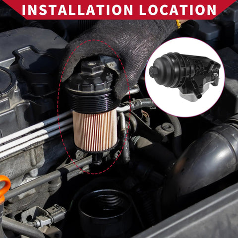 Installation location of Battle Ready Engine Oil Cooler And Oil Filter Housing Adapter Kit With Beefy Aluminum Construction And Clean O Ring Seals For Mercedes Benz Cla250 Front Cooling Tune Up.