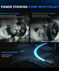 Power Steering Pump With Rock Solid Bracket And Heavy Duty Pulley for Nissan 3.5L V6, showing installation and function details.