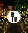 Six Pack Metal Solar Pathway Lights With Star Moon Hanging Lanterns illuminating garden at night, warm white LED glow