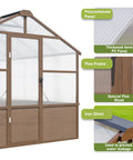 8x14 Ft Wooden Greenhouse For Outdoors With Walk In Design Polycarbonate Panels Lockable Door Roof Vent Heavy Duty Pine Frame Brown Garden Backyard Greenhouse For Outside with materials detail.