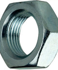 Top Shelf Heavy Duty 3/4 Inch 16 Thread Thin Hex Jam Nuts Built From Solid Grade 2 Steel With Electro Zinc Plating Finish close-up.