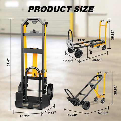 Heavy Duty 4 In 1 Convertible Hand Truck Dolly Cart With Wheels, Non Slip Handle, showing product dimensions and sizes.