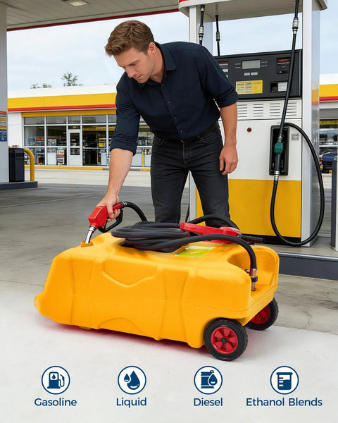 Person using Heavy Duty 16 Gallon Gas Can Made From Industrial HDPE Fuel Container at a gas station.
