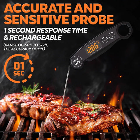 1 Second Instant Read Meat Thermometer Rechargeable Digital Kitchen Thermometer For Fast And Accurate Cooking Like A Pro For Grill And BBQ Waterproof Probe Thermometer showing temperature on grilled steak