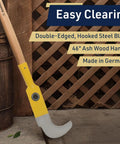 Heavy Duty 47 Inch Long Handle Weeding Sickle with 14.75 Inch Curved Steel Blade leaning against a wooden backdrop