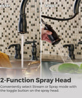 Hanover Kitchen Sink Faucet With Pull Down Sprayer And Soap Dispenser, Two-Handle High Arc Design, stream and spray mode view