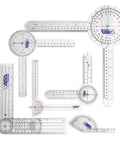 Six Piece Spinal Goniometer Set With 360 Degree Protractor And Finger Goniometer, includes 12 8 6 inch angle rulers