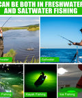 Four Pack Deep Water LED Fishing Light Kit With Beast Mode 360 Degree Green Steady On Glow Waterproof Night Lure Lights in freshwater and saltwater environments.