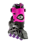 Back view of Junior Adjustable Inline Skate For Fitness With Breathable Molded Boot, Push Button Size Adjustment, black and pink design.