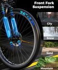 Close-up of front fork suspension on Ultimate All Terrain Electric Bike For Adults With 1500W Peak Power, 26 inch wheel.