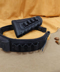 Rugged Buffalo Leather Rifle Buttstock Cover With Canvas Cheek Pad And Shell Holder Heavy Duty Sling displayed on canvas surface.
