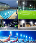 Two Pack 50W LED Flood Lights Outdoor Plug In 7000 Lumen IP65 Waterproof Security Lights illuminate large outdoor areas at night.
