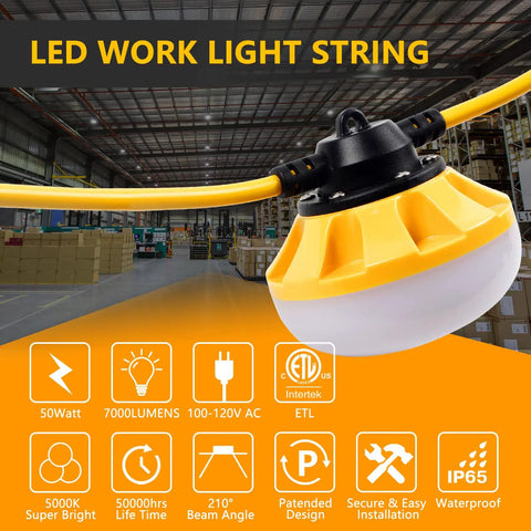 LED Construction String Lights 50Ft Industrial Grade Beefy Build For Construction Sites Renovations Walkways Patios Outdoor