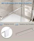 Slick Double Sliding Glass Shower Door With Adjustable 56 To 60 Inch Span By 72 Tall Polished Chrome Frame Splash Guard Tempered Glass Panel shown with stainless steel towel bar in modern bathroom.