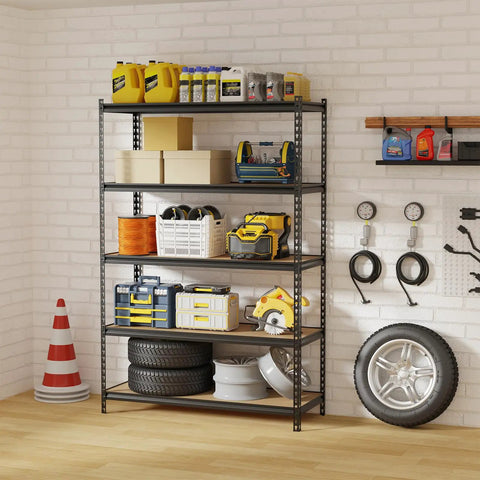 Heavy Duty Five Tier Metal Storage Rack With Ultra High Load Capacity 3850 Lbs For Garage Workshop Pantry Laundry And Warehouse Organization Built For Pros With Rust Resistant Frame And Easy Assembly holding tools and supplies