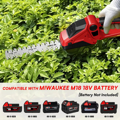 2-In-1 Cordless Hedge Trimmer And Grass Shears in use trimming hedges, showing compatibility with M18 18V batteries, no battery included.