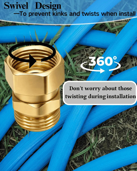 Heavy Duty Brass Garden Hose Swivel Adapter Three Quarter Inch GHT Male To Female Connector With Leak Proof Seal For RVs Garden Car Wash And More Universal Fit For Any Hose System And Quick Connection brass 360° swivel hose adapter