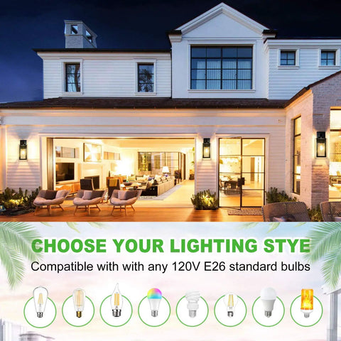 Modern house front with 2 Pack 14 Inch Dusk To Dawn Outdoor Wall Lights Waterproof Black Exterior Sconces illuminated at night.