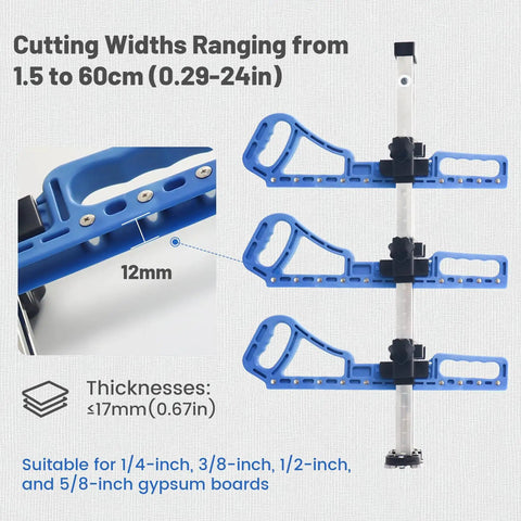 Pro Grade Folding Drywall Cutter With Dual Inch And Metric Scale Featuring 13 Rolling Bearings For Smooth Operator Sheetrock Trimming, blue cutting guide with adjustable width settings.