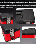 Badass Portable Tool Organizer Case Featuring Heavy Duty Plastic Build removable storage tray and sure grip handle, showing rounded corners.