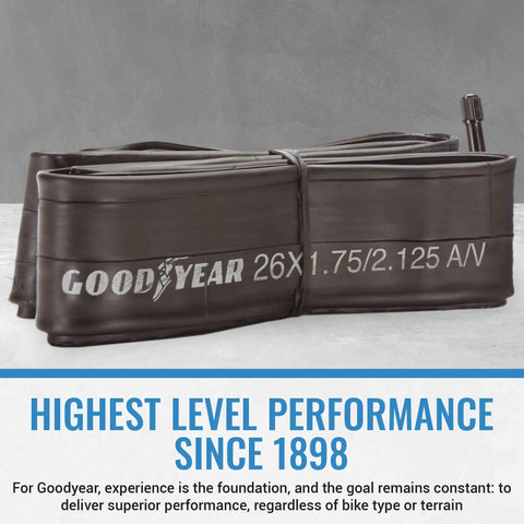 Durable 26 Inch Bike Inner Tube With Butyl Rubber And Schrader Valve rolled and labeled Goodyear for quick inflation and reliability