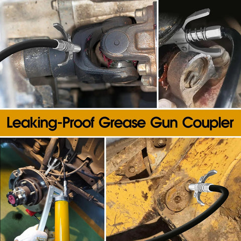 Lock N Lube leak-proof grease gun coupler set, hands-free locking for 1/8" NPT grease guns, industrial and automotive use