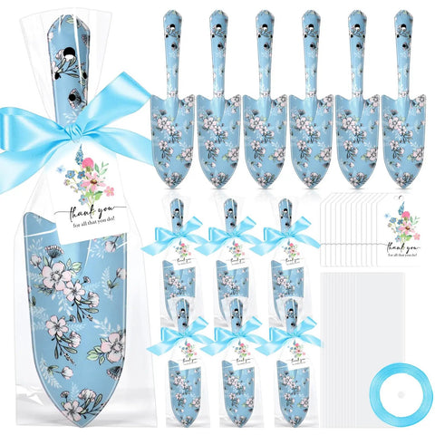 12 Pack Floral Garden Shovel Set For Women Bulk Garden Tools Gift Bundle with Blue Floral Shovels, Bags, and Cards