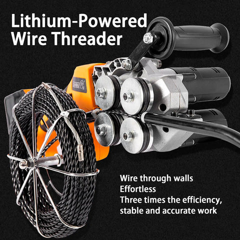 Built Tough Electrician Wire Puller With Smooth Variable Speed And Rechargeable Battery For Wall Threading Pipe Conduit And Cable Fishing Equipment Pro Grade close-up view of lithium-powered wire threader with black cable and motors.