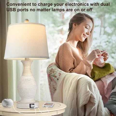 Table Lamps Set Of 2 Bedside Touch Lamps With USB-C And USB-A Charging Ports, White Fabric Drum Shades, LED Bulbs Included