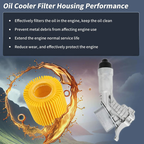 Beefed Up Aluminum Engine Oil Cooler Filter Housing Assembly With Gasket Upgrade Kit For Bmw 330i 430i 530i X3 X4 Z4 surrounded by oil splash