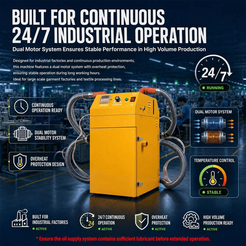 Pro Grade Thread Trimming Machine With Dual Heads Automatic Oil Feed Adjustable Airflow And Continuous Run For Garment Workshops And Textile Processing Facilities, showcasing dual motor system and continuous operation readiness in a factory setting.