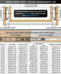 Inside view diagram showing dimensions for No Hassle Heavy Duty Drawer Slides Full Extension Side Mount One Fifty Pound Capacity.