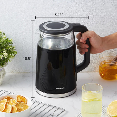 Side view of black 1.7L Dual Wall Electric Tea Kettle with Cool Touch Borosilicate Glass, 304 Stainless Steel Interior on kitchen counter.
