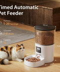 Imipaw Automatic Cat Feeder With Timed Dry Food Dispenser And Desiccant Bag Dual Power Supply Programmable Portion Size Up To 6 Meals Per Day With 20 Portions Daily Perfect For Cats And Small Dogs In White next to a cat, showcasing portion sizes and design.