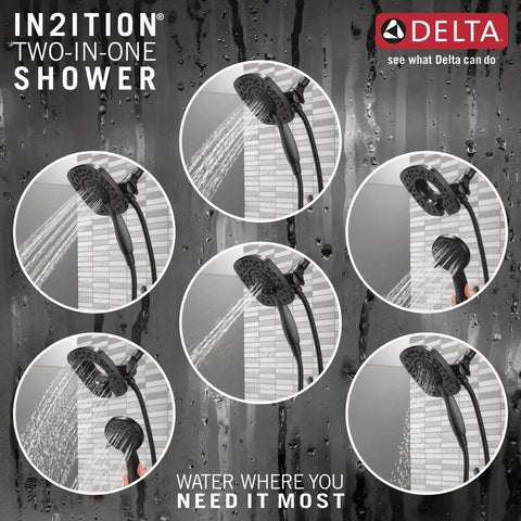 Kick Up Your Bath Game With This Slick Matte Black Dual Handle Shower Trim Kit Featuring An In2ition 2 In 1 Showerhead And Handheld Sprayer That Delivers Premium Flow And A Straight Fire Modern Look showing various spray settings.