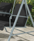 Close-up of Two Person Porch Swing With Stand And Canopy Outdoor Swing With Pivot Storage Table And Cup Holders Cushions
