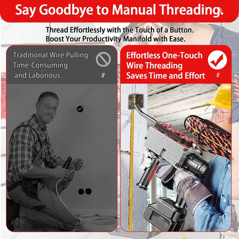 No Sweat Cordless Wire Puller With Automatic Threader And Battery Charger For Straight Or Curved Wall Routing, demonstrating effortless wire threading.