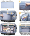 Interior view of rolling scrapbook tote on wheels with detachable trolley, featuring padded compartments, side pockets, and detachable board, gray.