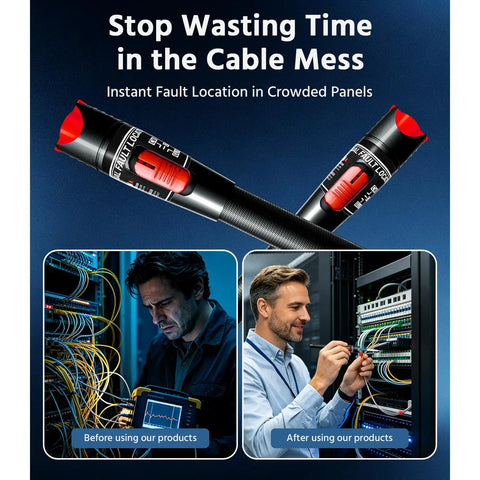 Built Tough Visual Fault Locator For Fiber Optic Cable Inspection Up To Fifty Km Range With Plug And Play Connector Fit and rugged carry case in use during telecom work.